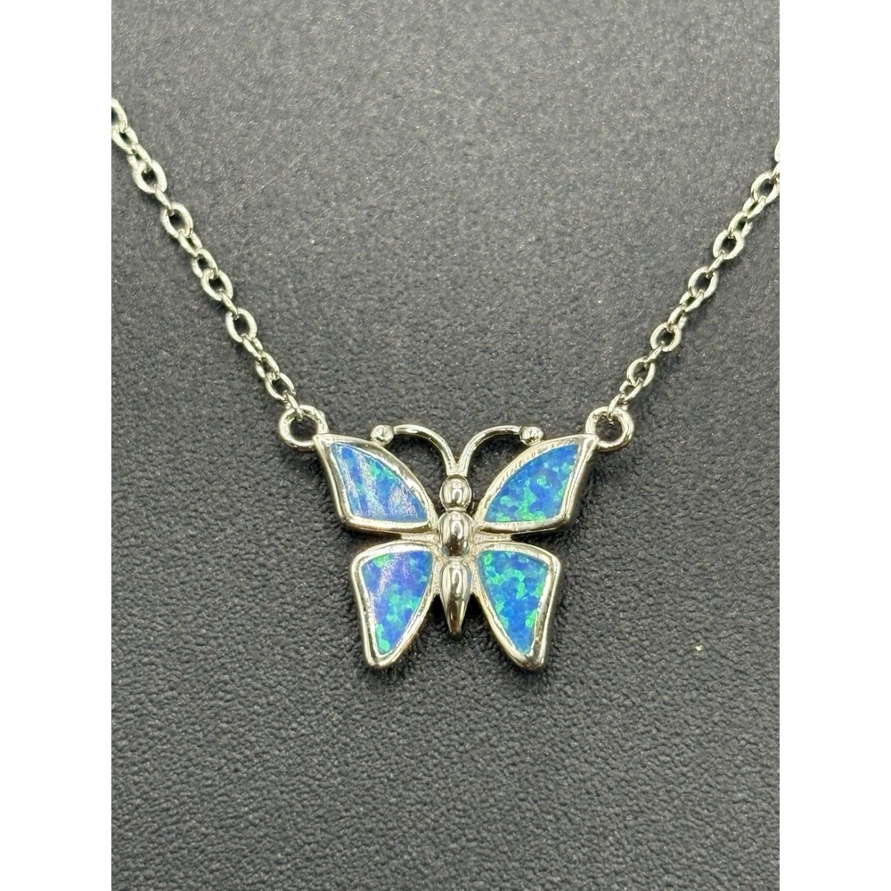 New Condition Sterling Silver Lab Blue Opal Butterfly Pendant Necklace 925